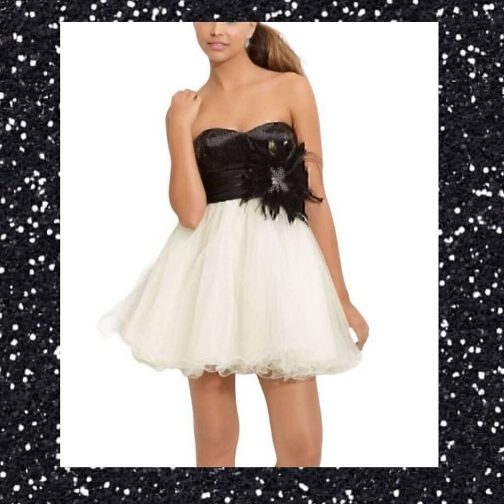 Formal Black & White Strapless Sequin Fluffy Sweetheart Mini Cocktail Dress